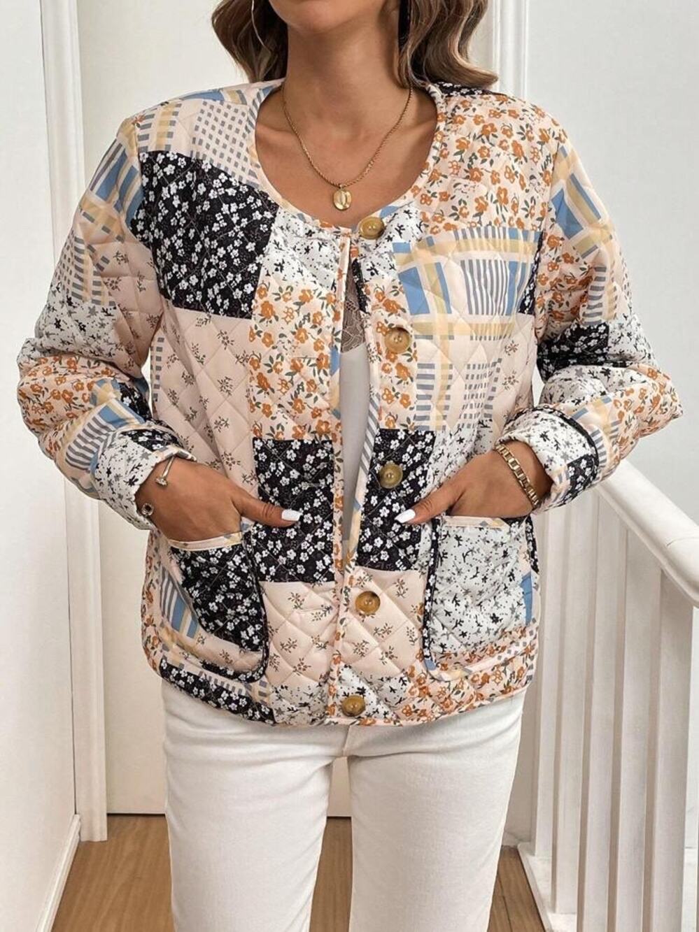 Quilted Patchwork Medium Weight Boxy Coat  Women’s XL Cottage Country
